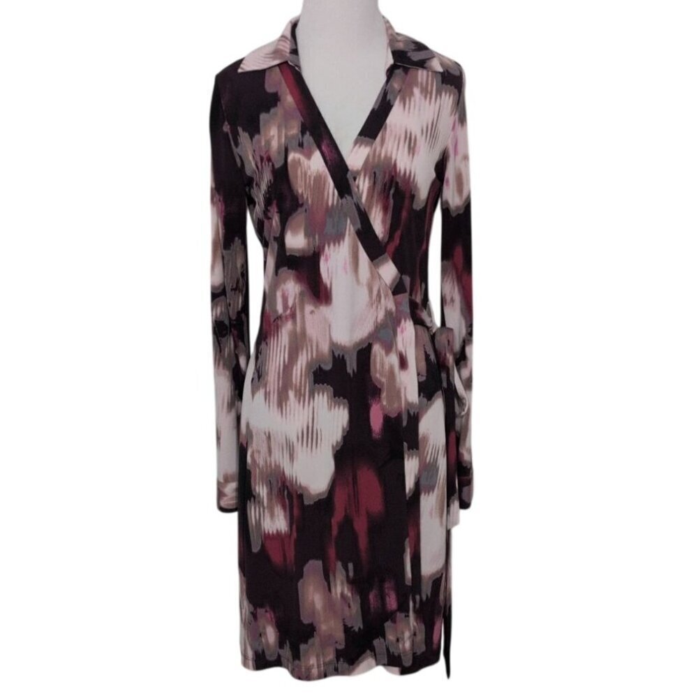 Calvin Klein Abstract Wrap Dress Womens Size 4 Purple Artsy Business Casual